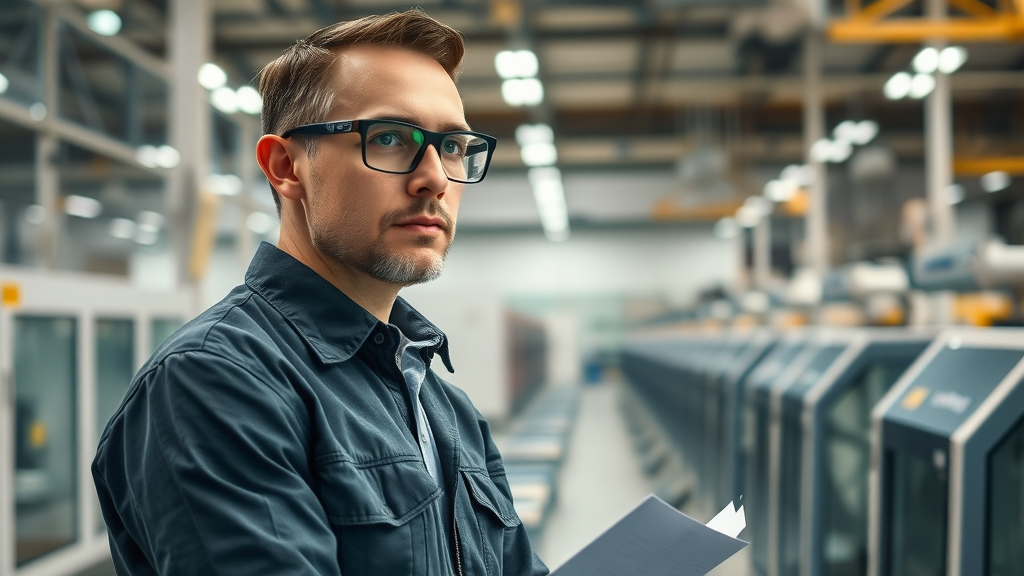 Machining manufacturer manager analyzes modern automated production workflow