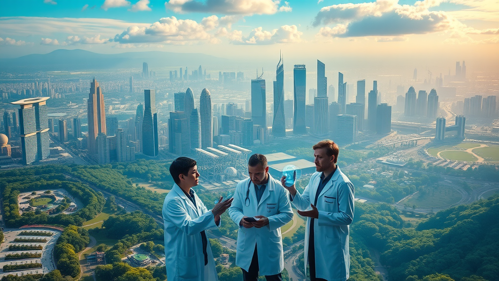 Science and technology unite city and innovation, scientists collaborate futuristic labs