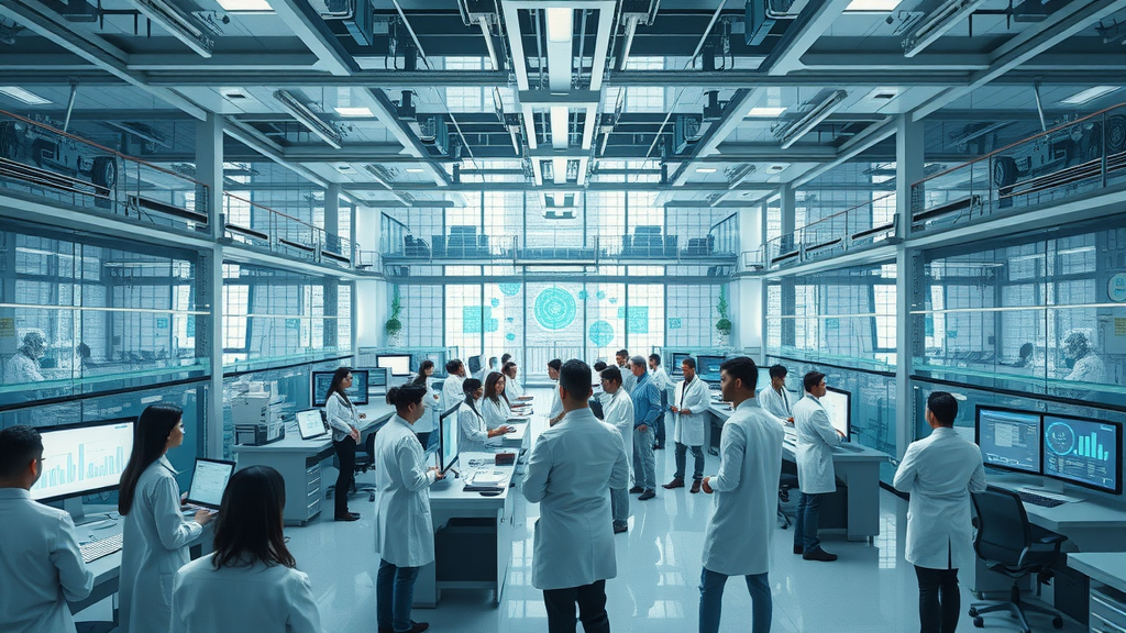 Modern science and technology research facility, diverse scientists, advanced machinery