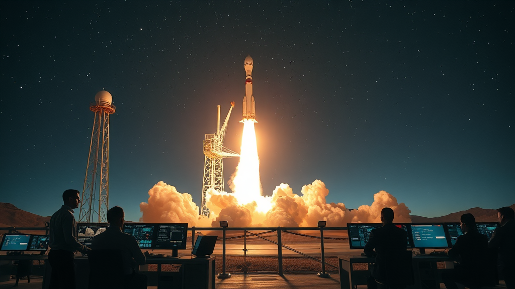 Science and technology in action, rocket launch, team monitors data at space center
