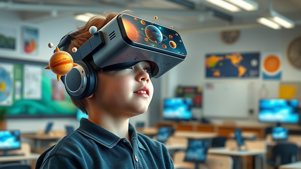 Science and technology education, student in VR headset explores digital science models