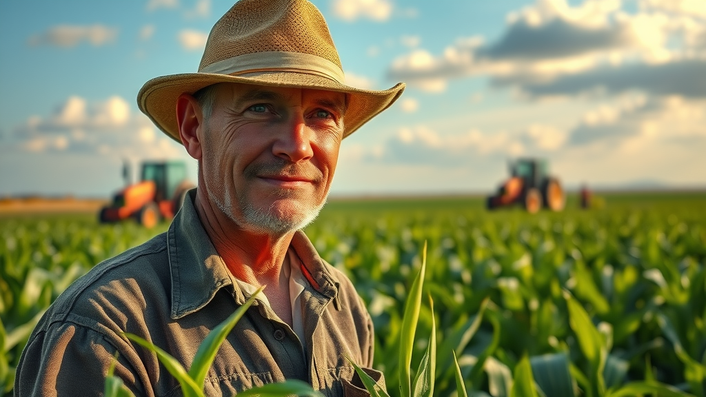 Farmer inspecting crops with rising machinery costs in background, reflecting increased agricultural input costs