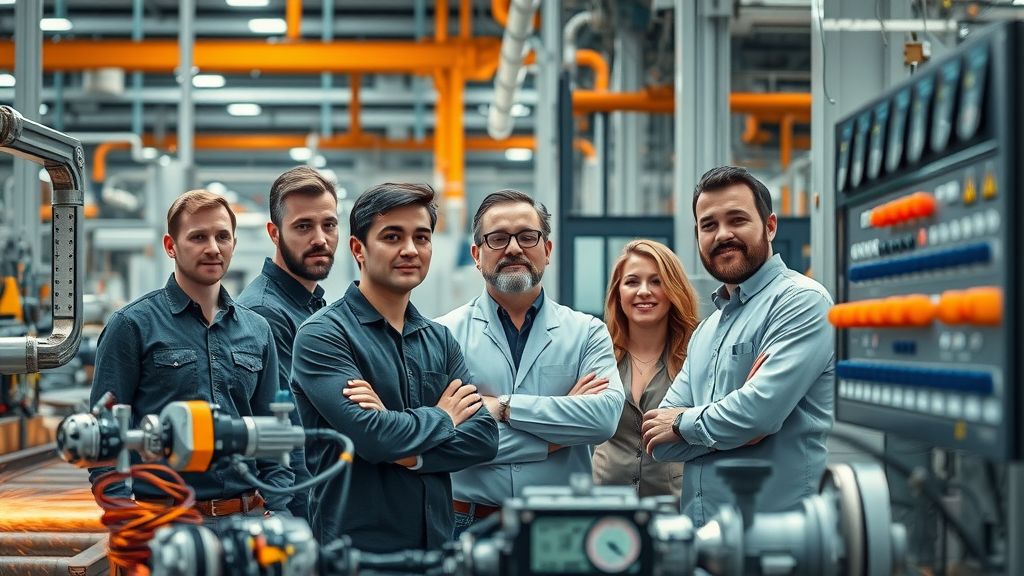 Manufacturing team reviewing input costs including energy and machinery in a modern production facility