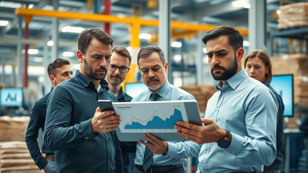 Worried professionals in a modern manufacturing facility reviewing production cost increase trends on digital tablets in a photorealistic industrial office