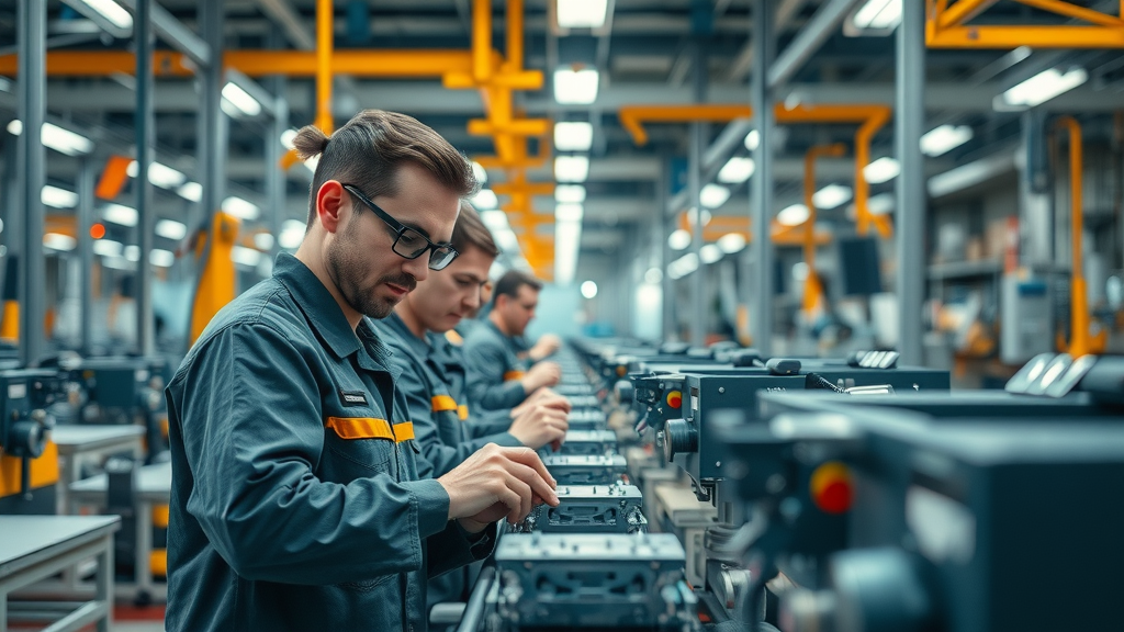 Modern assembly line showing technicians managing production and manufacturing cost in a photorealistic factory environment