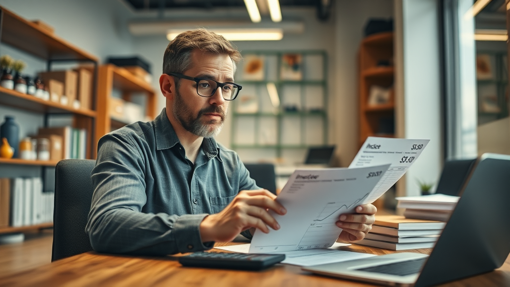A small business owner reviewing expenses and production costs at a desk, surrounded by invoices and charts showing cost increases