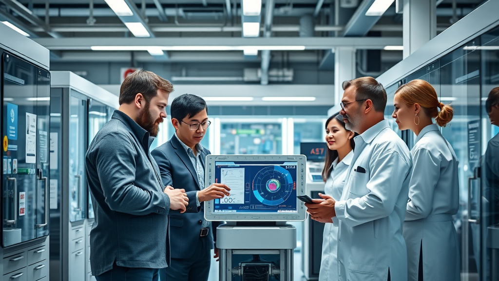 Innovative manufacturing team discussing process improvements to control production cost increase in a modern production lab