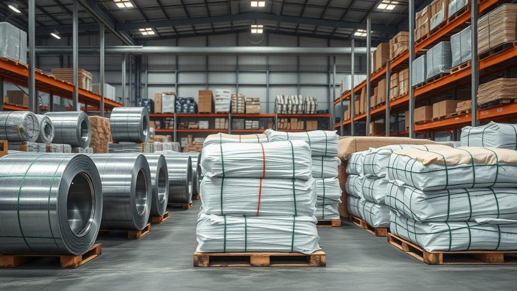 Assorted raw materials like steel coils, cotton bales, and silicon wafers on pallets in a tidy warehouse—cost of raw materials visual reference