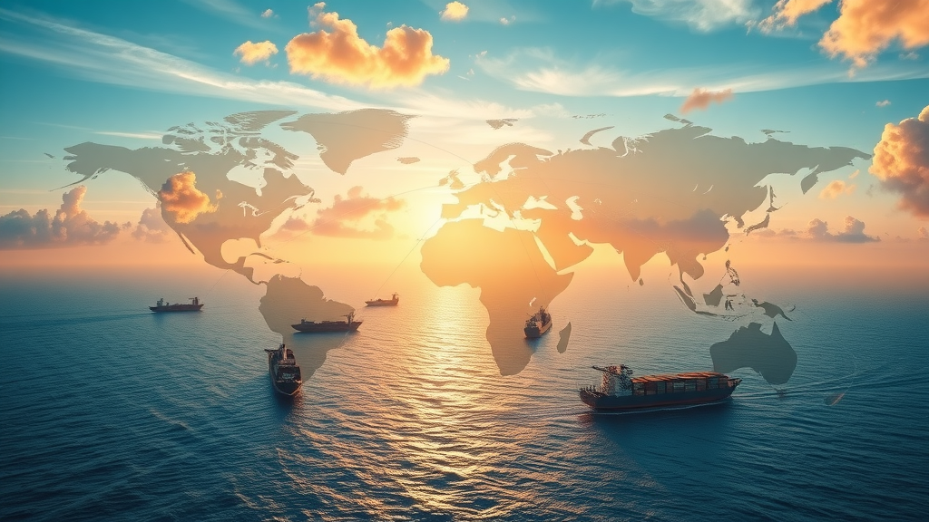 Global supply chain network visualization showing shipping routes, cargo, and ports for raw materials cost and production
