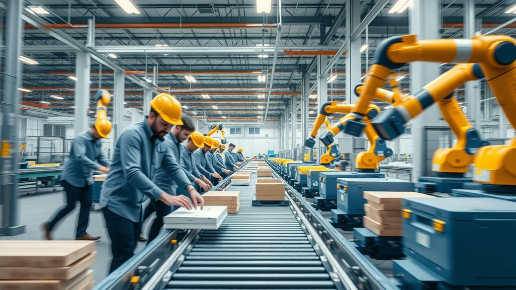 Modern manufacturing floor with lean processes and waste reduction, team and robots handling raw materials efficiently