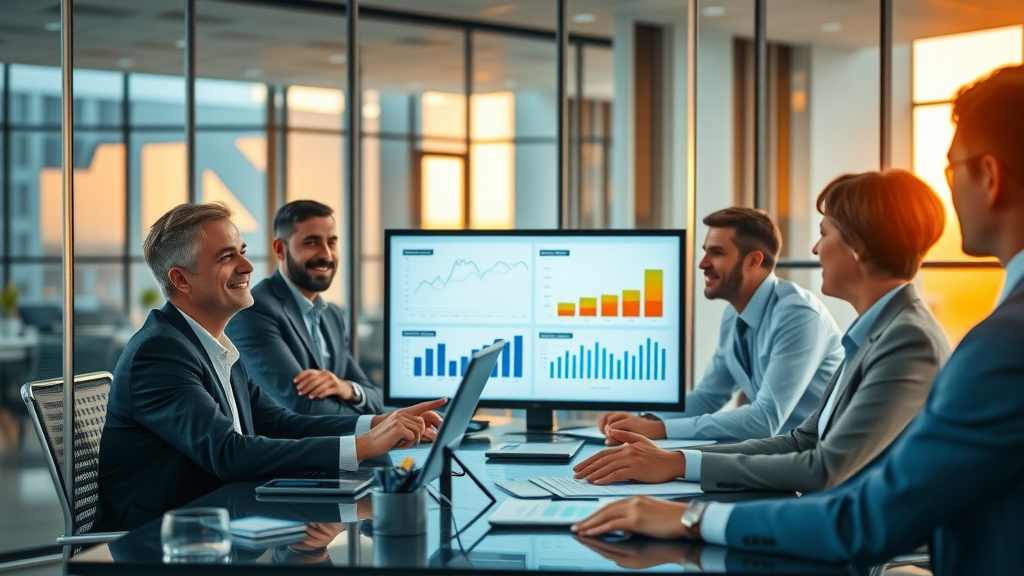 Business professionals in conference room reviewing procurement analytics and cost of raw materials dashboards